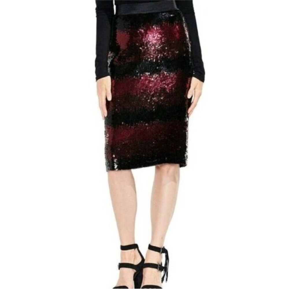 Vince Camuto Sequins Black Red Striped Knee Length Pencil Lined Skirt sz 6